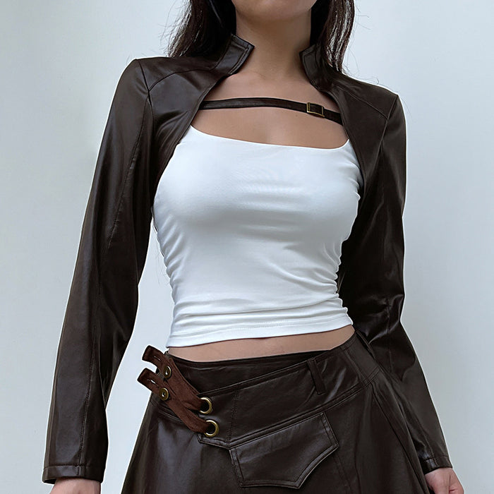 Shawl Leather Blouse Women Brown Personality Ultra Short Outerwear Coat Cardigan Short Jacket