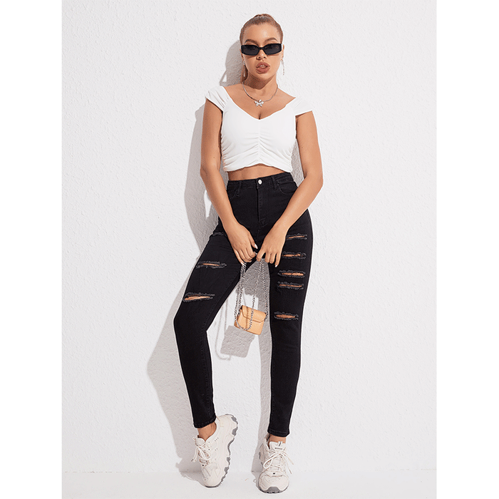 Summer Jeans Women Black Stretch Slim Ripped Ankle-Tied Pencil Pants