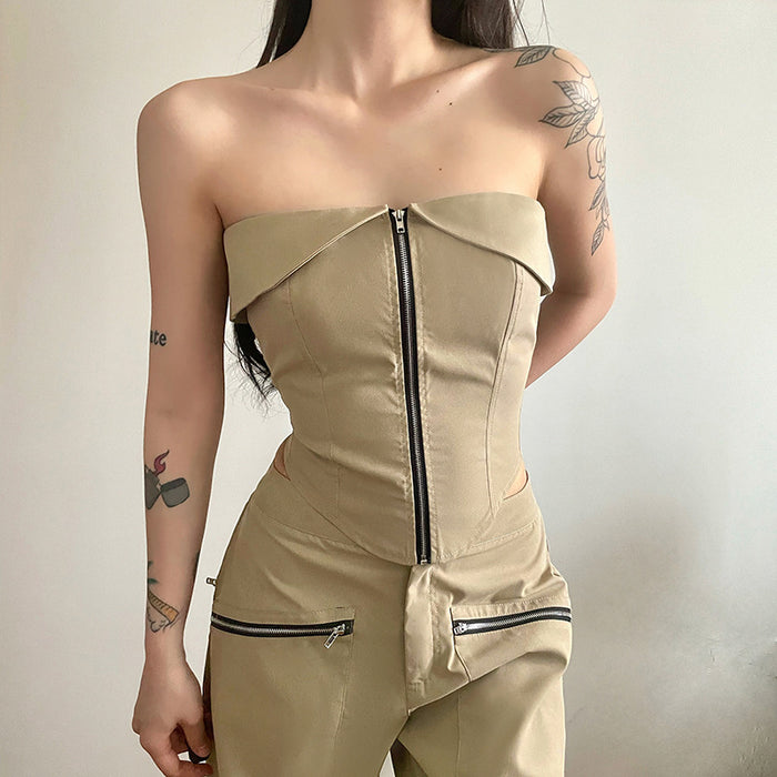 Tooling Street Sexy Pant Sets off Shoulder Bandeau Slim Fit Zipper Vest High Waist Loose Straight Trousers