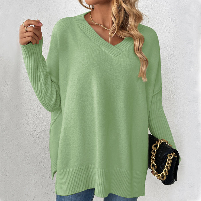 Autumn Winter Pullover Sweater Idle V neck Casual Stitching Long Sleeved Sweater for Women