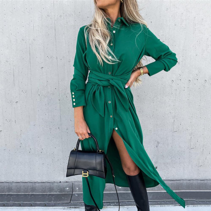 Women Autumn Winter Maxi Dress Solid Color Cardigan Long Sleeve Big Hem Dress