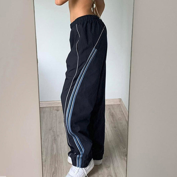 Casual Basic Contrast Color Striped Design Student Track Pants Elastic Waisted Loose Casual Pants