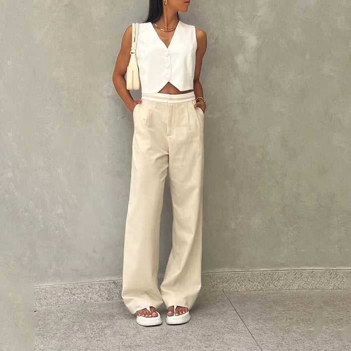 Ladies Suit Summer Casual Loose Solid Color Trousers Two Piece Set