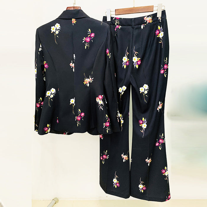 Goods Star Elegant Printed Suit Flared Pants Suit Two Piece Suit