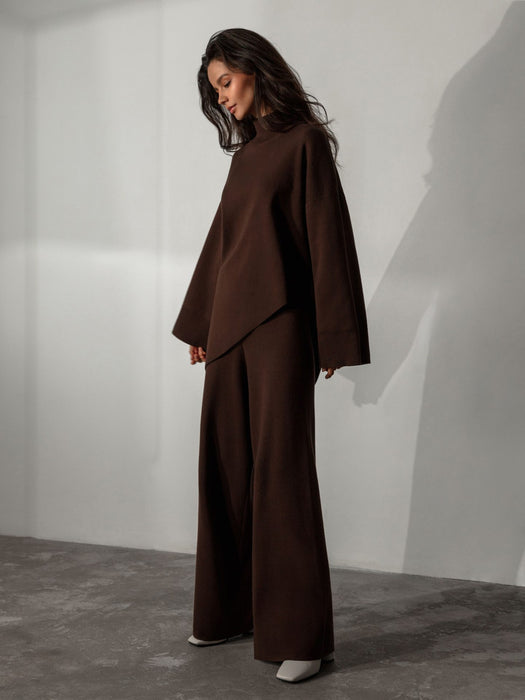 Autumn Winter Comfortable Turtleneck Asymmetric Hem Wide Leg Trousers Suit