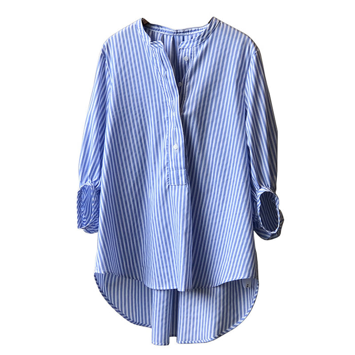 Korean Half Placket Striped Shirt for Women Autumn Stand Collar Long Sleeve Design Blouse