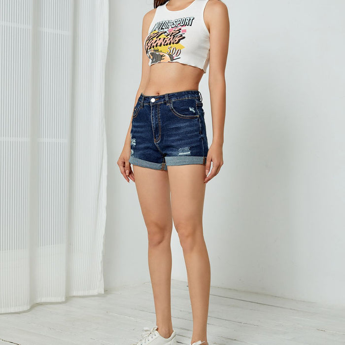 Ripped Curling Elastic High Waist Denim Shorts Women Pants