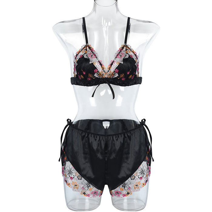 Women Summer Embroidered Silk Sexy Strap Underwear Shorts Suit Home Wear