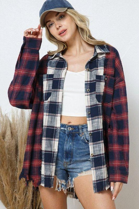 Autumn Winter Color Matching Plaid Hem Wadding Long Sleeve Shacket Women