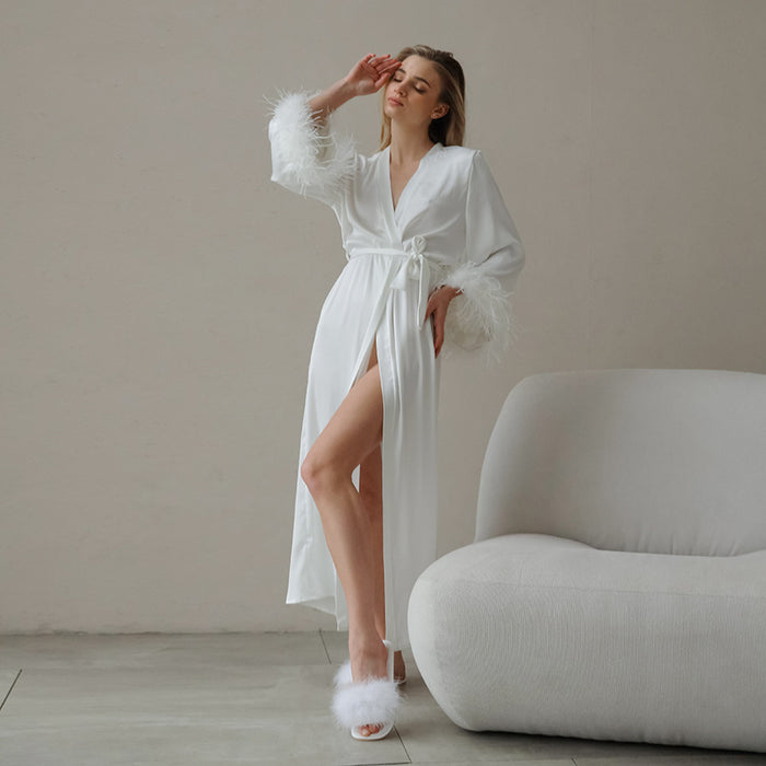 Autumn Comfortable Loose Skin Friendly Women Morning Gowns Nightgown White Cardigan Long Tie Feather French Sexy Homewear