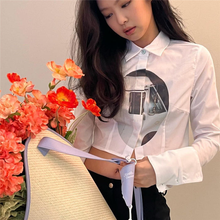 Early Spring Women Clothing Top Jin Zhini Jennie Same Trendy Printed Short Long Sleeve Shirt