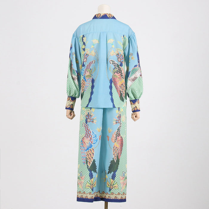 Spring Printing Collared Puff Sleeve Long Sleeve Shirt High Waist Wide Leg Mopping Blouse Pants