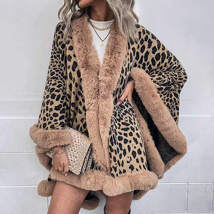 Autumn Winter Fur Collar Cape Cardigan Leopard Print Shawl Sweater Women