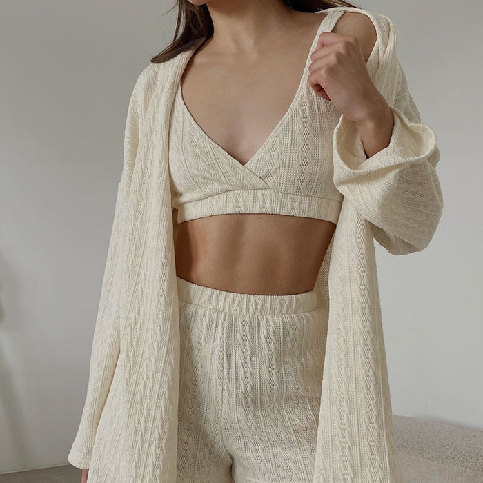 Autumn Fashionable Knitted Cardigan Suspender Shorts Long Sleeved Pajamas Three Piece Loose Comfortable Ladies Homewear