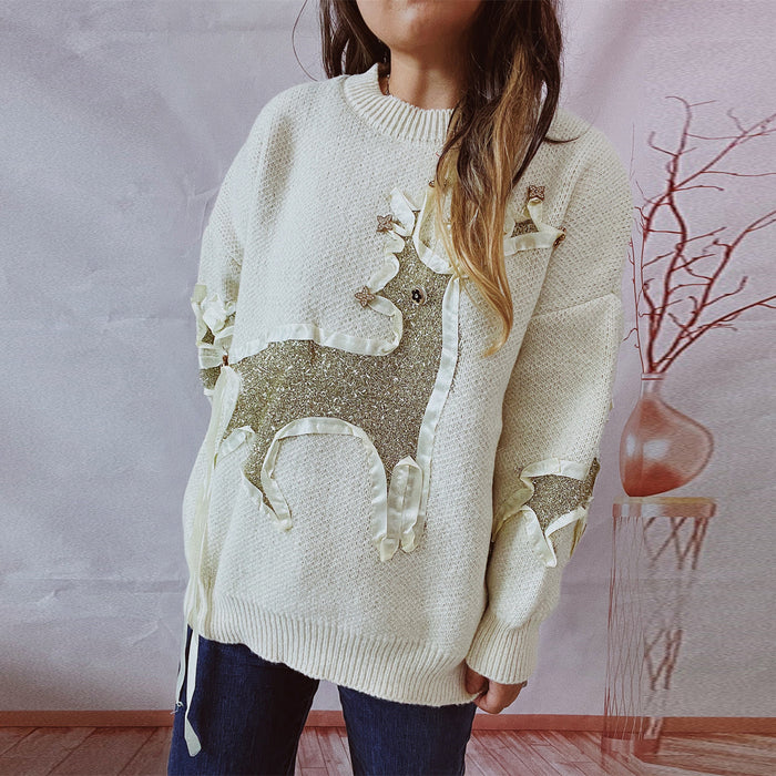 Autumn Winter Christmas Sweater Ribbon Gold Thread Jacquard Deer Round Neck Thickened Knitted Pullover