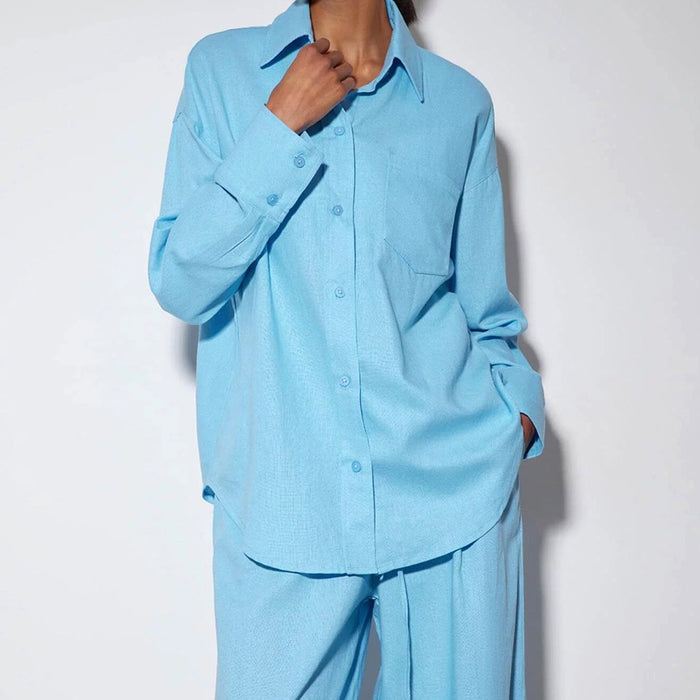 Blue Cotton Linen Collared Long Sleeve Wide Leg Trousers Loose Outfit Autumn Women Clothing