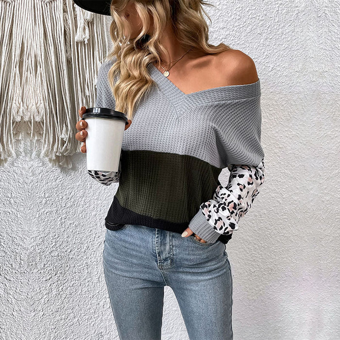 Casual Tops Long Sleeve V neck Leopard Print Contrast Color Knitwear