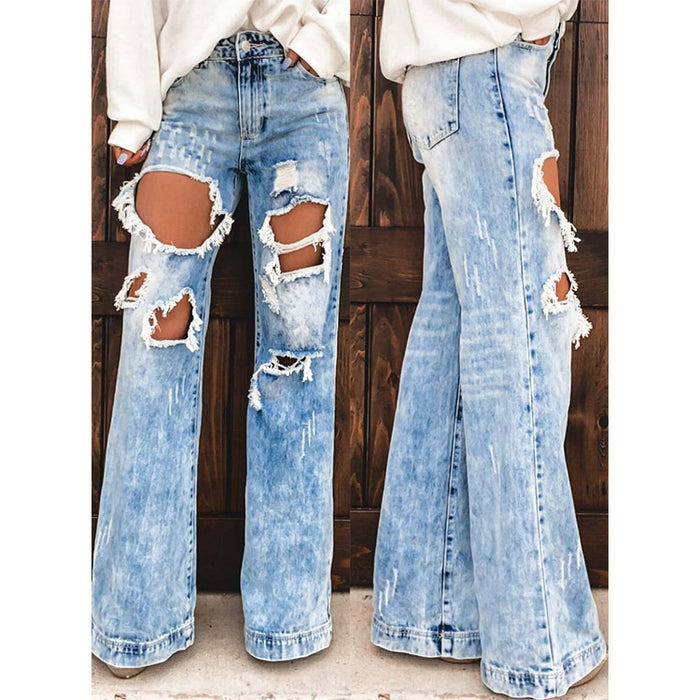 Blue Street Hipster Denim Washed Straight-Leg Pants Trousers Mid Waist Jeans