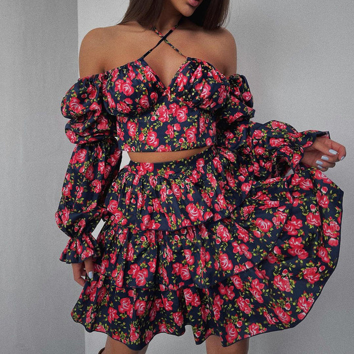 Sexy Floral Suit Long Sleeve Backless Halter Sling Top Puff Short Skirt Two Piece Set