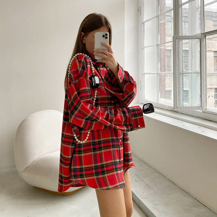 Spring  Plaid Shirt Women  Trend Retro Plaid Top Baggy Coat Women