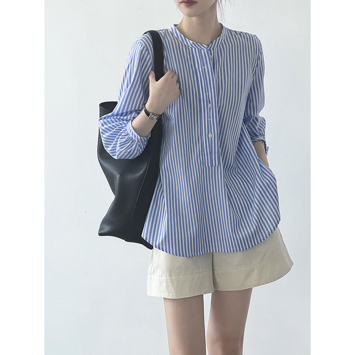 Korean Half Placket Striped Shirt for Women Autumn Stand Collar Long Sleeve Design Blouse