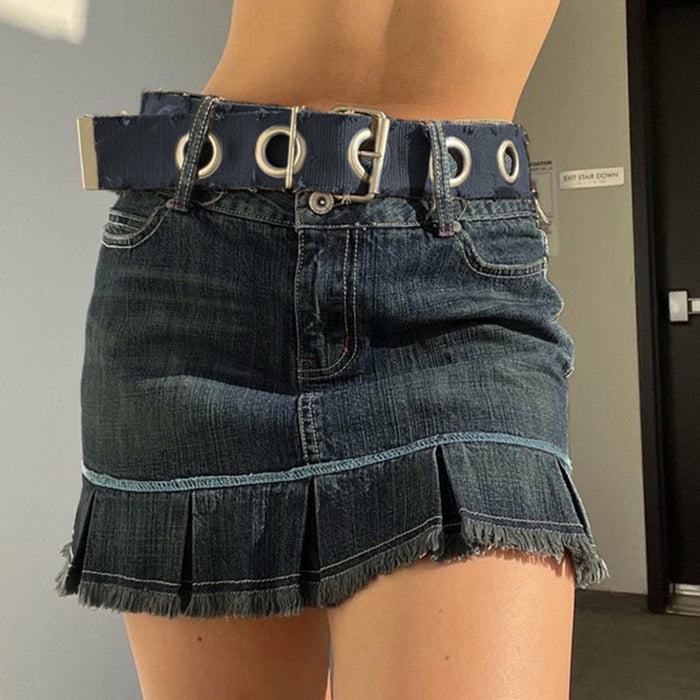 Millennium Sexy Retro Blue Distressed High Waist Denim Skirt Frayed Stitching Contrast Colors Slimming Pleated Skirt