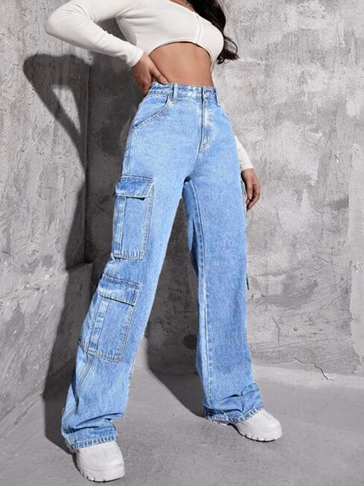 Multi Bag Jeans Women High Waist Straight Leg Pants Washed Loose Denim Trousers