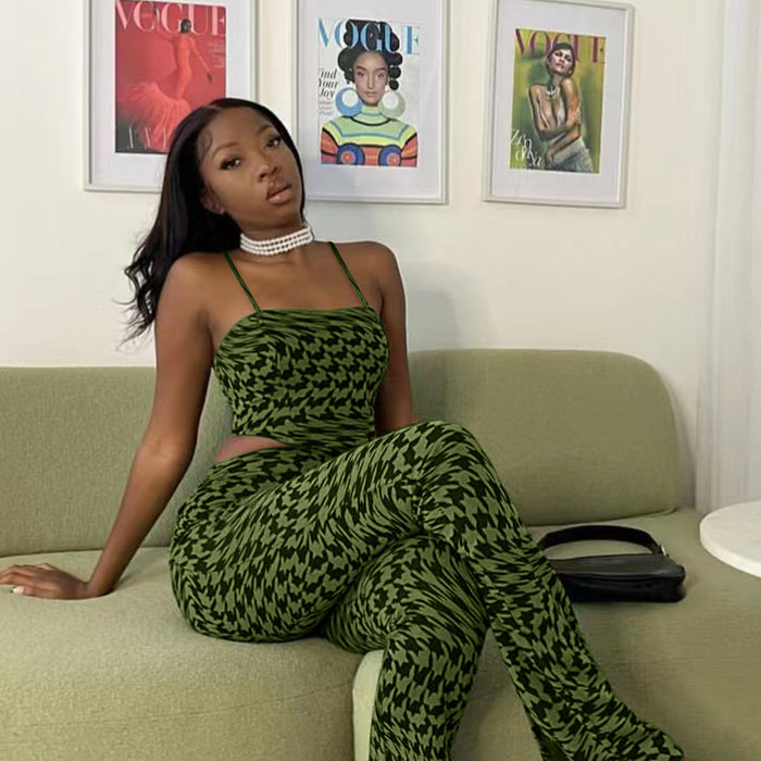 Suit Green Printing Vest Wide Leg Pants Casual Two Piece Suit