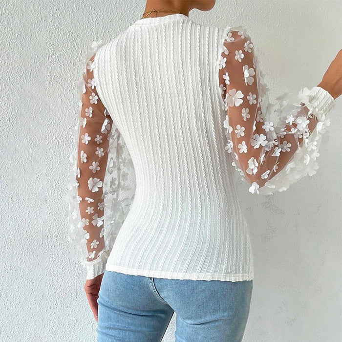 Women Mesh Small Floral Chiffon Shirt Women Spring Summer round Neck Slimming Pullover Long Sleeve Top