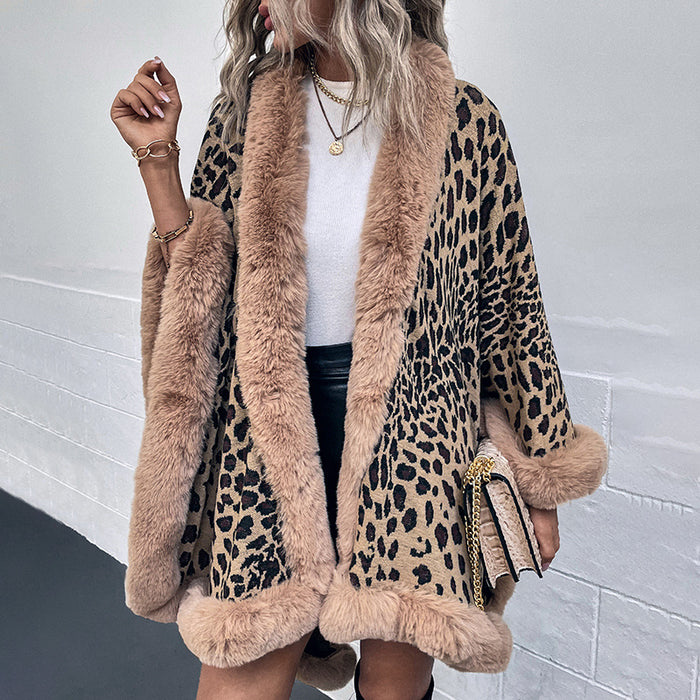 Autumn Winter Fur Collar Cape Cardigan Leopard Print Shawl Sweater Women