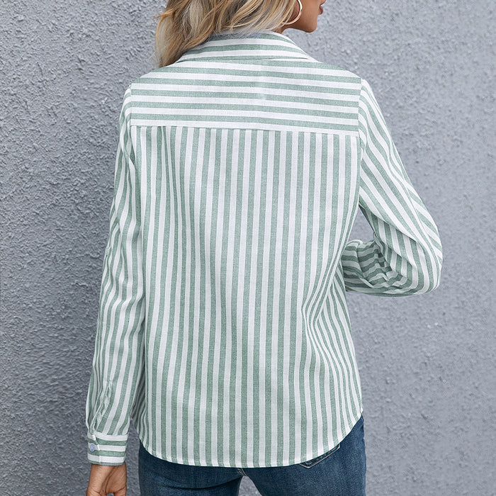 Autumn Winter Vertical Striped Double Pocket Slimming Single Breasted Shirt Women Clothing