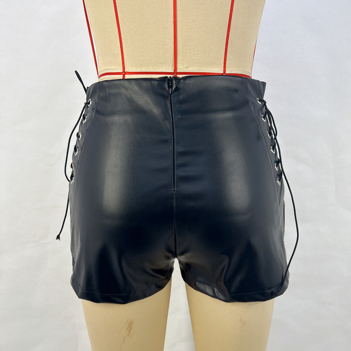 Autumn Winter Black High Waist Stretch Shorts Women Tight Casual Pants Faux Leather Pants