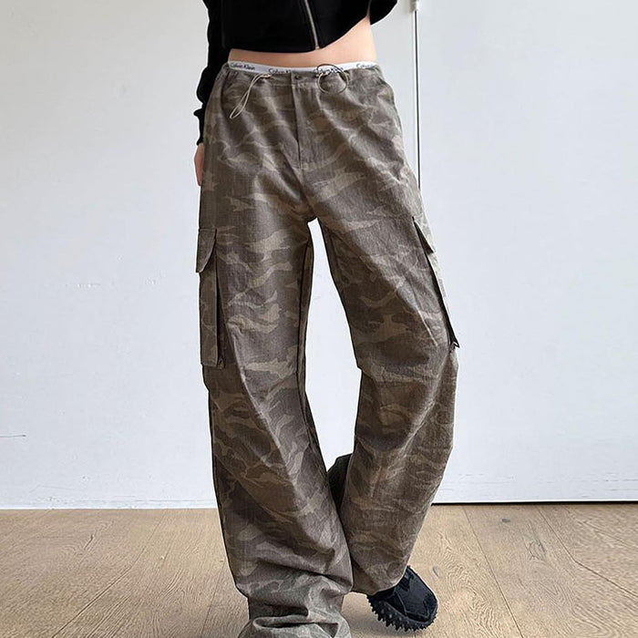 Summer Camouflage Contrast Color Low Waist Elastic Drawstring Pants Tooling Loose Pockets Casual Trousers