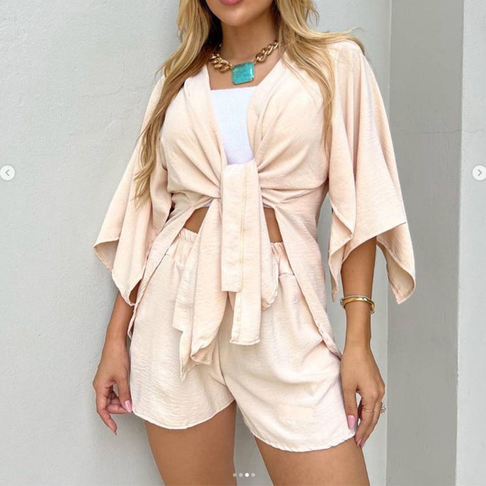 Summer Casual Set Slit Three Quarter Length Sleeves Cardigan Top Drawstring Shorts for Women