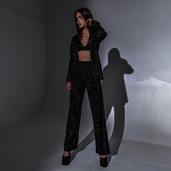 Women  Clothing Glitter Three Piece Set Sexy Party Long Sleeve Suit Top High Waist Trousers Suit