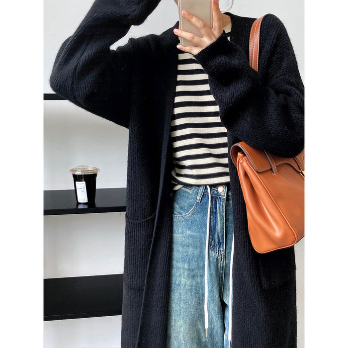 Mid Length Sweater Coat Women Autumn Winter Lazy Wind Retro Outer Wear Knitted Cardigan