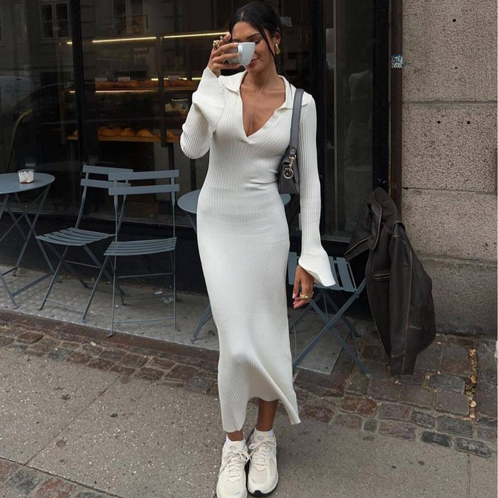 Long Sleeve Dress Women Knitted Deep V Plunge Sweater Maxi Dress