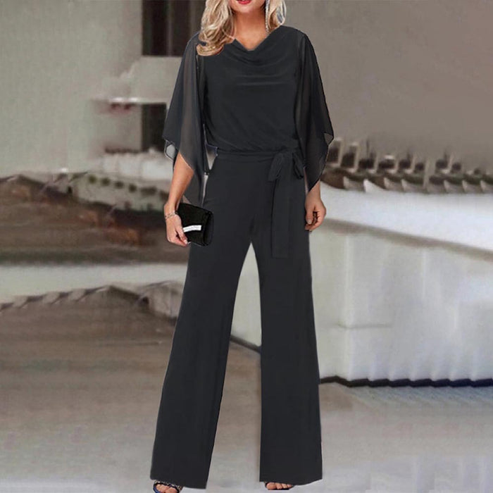 Summer Solid Color High Waist Lace up Casual Jumpsuit Straight Leg Pants Women