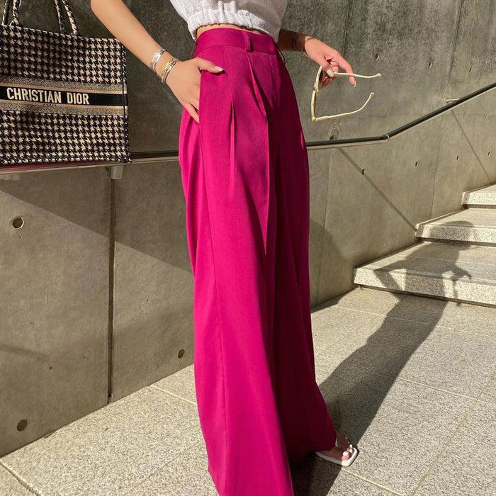 Spring Summer Pink Casual Wide-Leg Pants Women High Waist Drooping Straight Loose Trousers