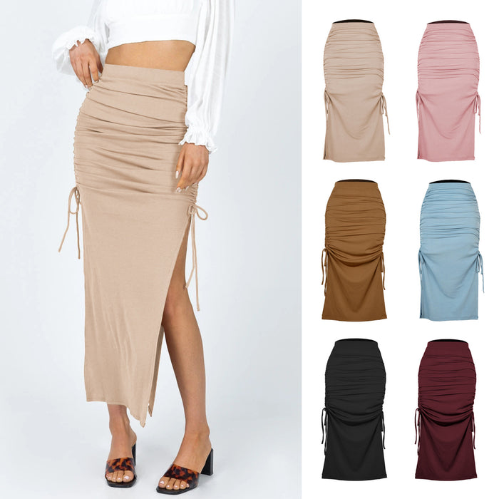 Slit Knitted Slim Skirt Pleated Tie Sexy Sheath  Women Clothing Skirt