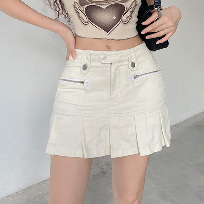 High Waist Slimming Basic Solid Color Denim Pleated Skirt Sexy All Match Stitching Tooling Short Skirt