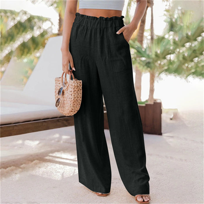 Summer Women Clothing Casual Pants Ruffles Patch Pocket Wide Leg Pants Women Pants