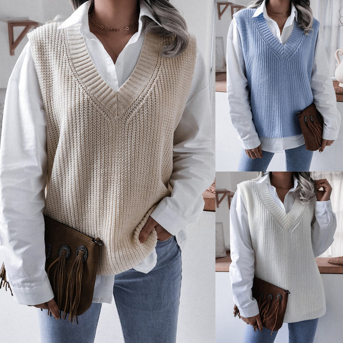 Autumn Winter V-neck Casual Loose Knitted Sweater Vest Jacket Women Clothing