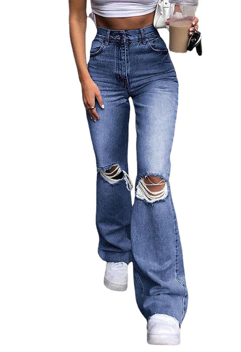 High Waist Retro Stretch Slim Knee Ripped Bell-Bottom Pants Autumn Winter New Jeans Women Trousers