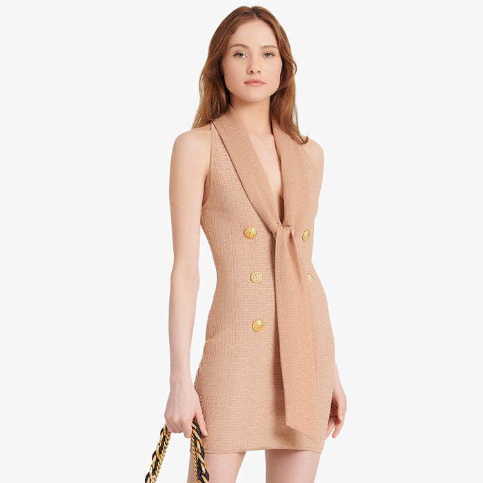 Women Apricot Sleeveless V neck Ribbon Knitted Jacquard Stretch Autumn Dress Bandage Dress