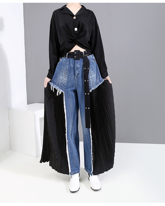 Spring Summer Denim Stitching Pleated Color Matching Loose Wide Leg Jeans Slimming Street Jeans