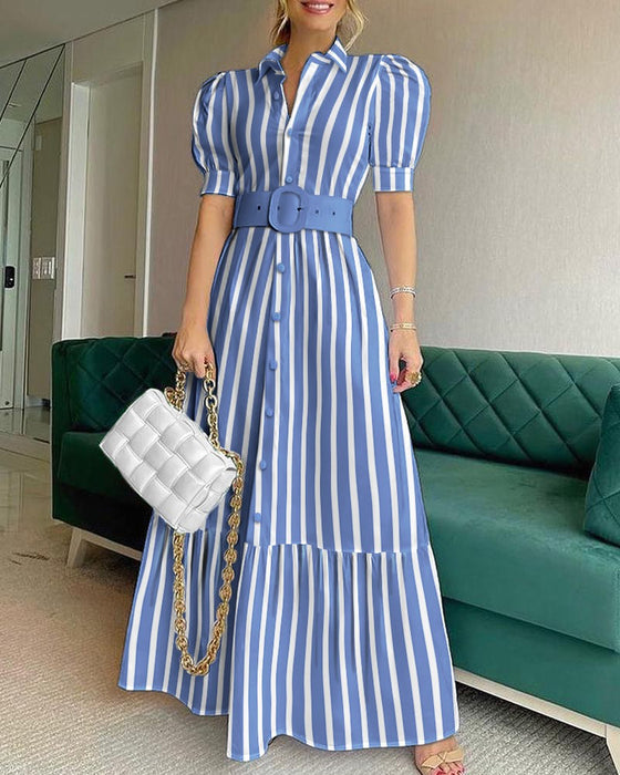 Office Long Short Sleeve Large Swing Dress with Belt