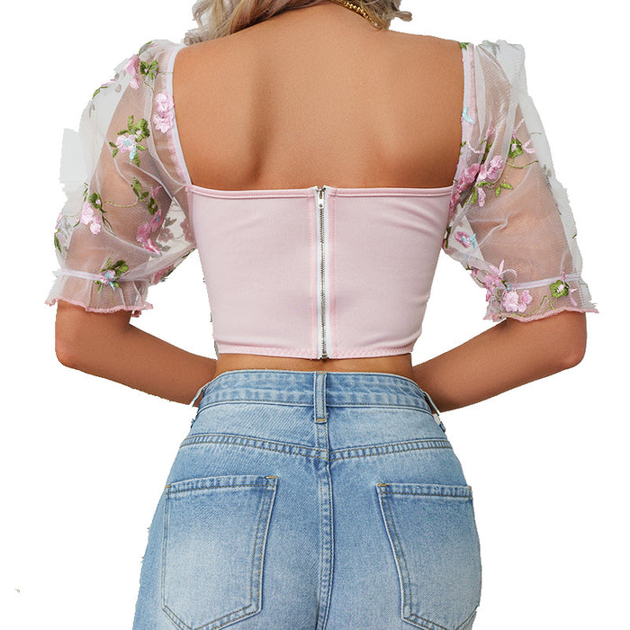 Summer Sexy Wear Top Puff Sleeve See through Fresh Outer Wear Short Top Sexy