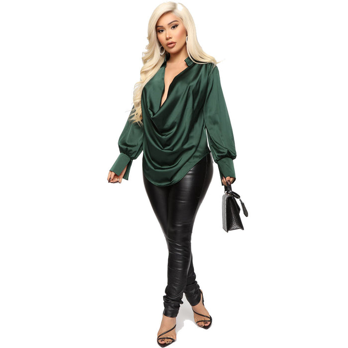 Fall Winter Women Shirt Sexy Long Sleeve Deep V-neck Satin Top