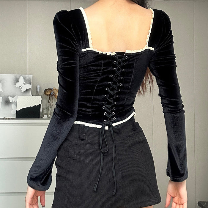 Fall Women Clothing Sexy Square Collar Plush Wooden Ear Backless Lace up Long Sleeve Top